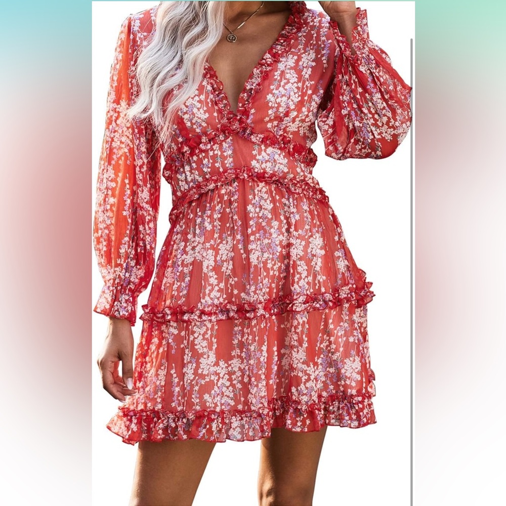 Floral Ruffle Red Dress